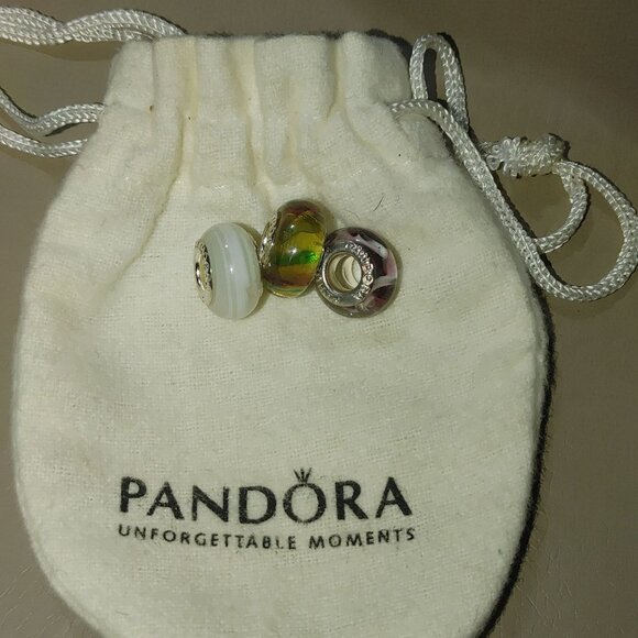 Pandora Sterling Silver Murano Art Glass Charm Beads Set of 3 White Purple Green - Picture 6 of 11